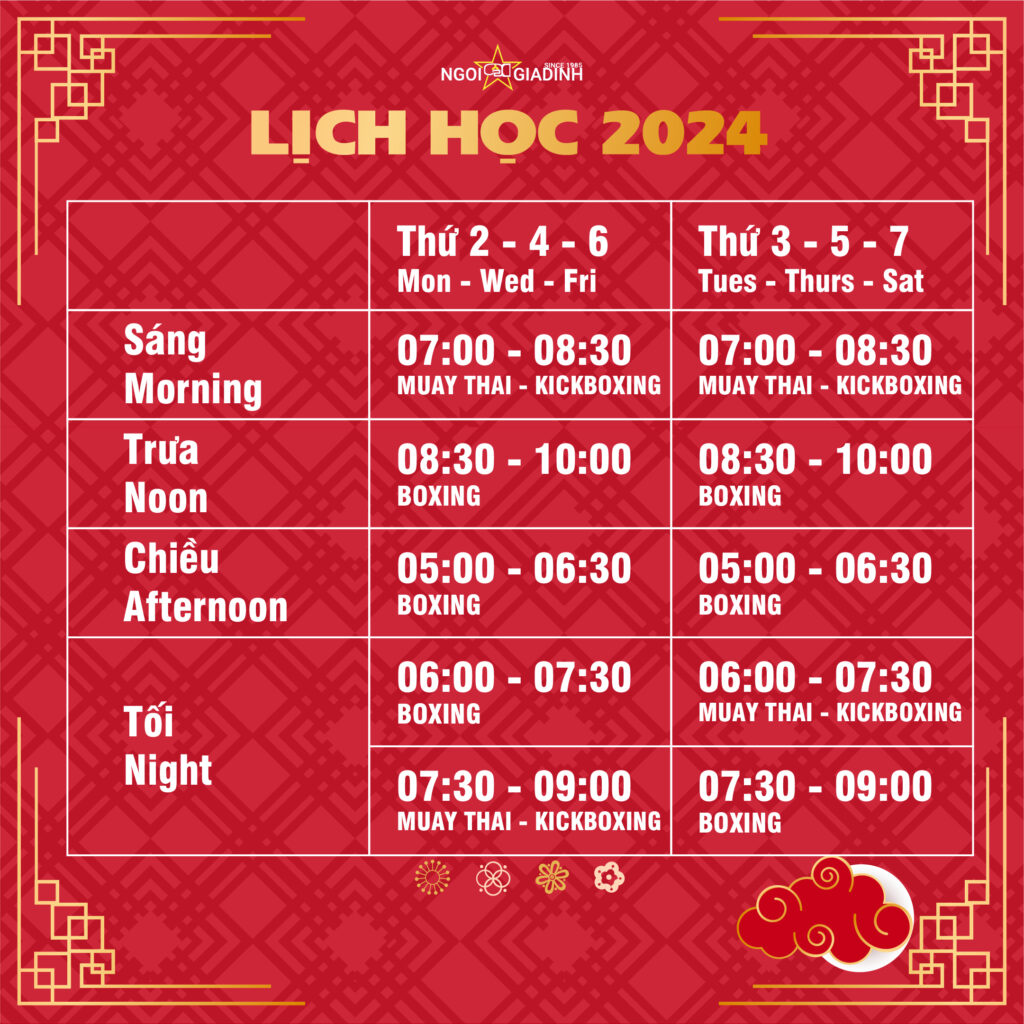 Lịch học Boxing - Kickboxing - Muay Thái 2024